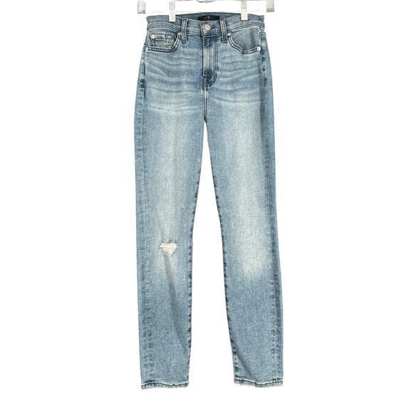 7 For All Mankind Gwenevere‎ Light Blue Distressed High Rise Slim Jeans Size 24 - Picture 1 of 10